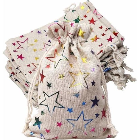 Lot de 20 sacs en toile de jute 13 x 18 cm imprimé étoiles mini sacs cadeaux pochettes à bijoux sacs avec cordon de serrage (1/5)