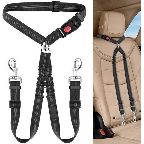 Cinturón de seguridad doble para perros, correa elástica ajustable para perros, cinturón de seguridad para 2 perros viajan juntos (azul cielo) (1/5)