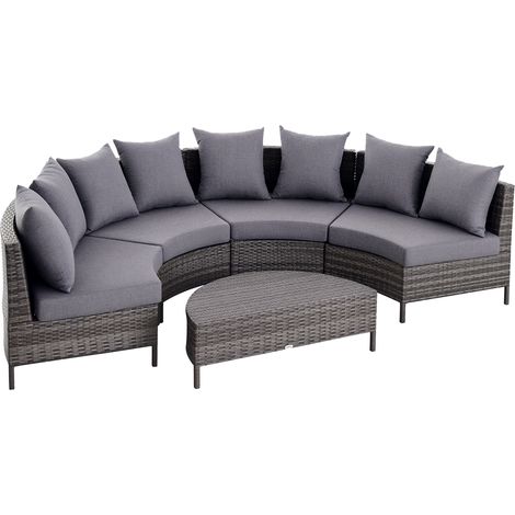 Outsunny 5 Pieces Rattan Garden Furniture Set, 4 Seater Half-Round Garden Sofa Set with Thickened Cushions, Wicker Conservatory Furniture with 4 Chairs, Rattan Coffee Table and Pillows, Grey