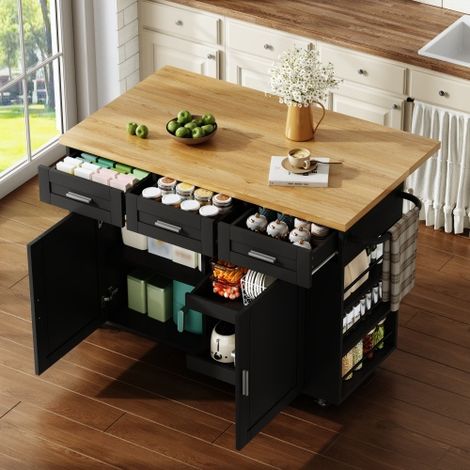 Isola cucina mobile con piano di lavoro ribaltabile, carrello da cucina, mobile contenitore, mobile per pattumiera, credenza con organizer estraibile, cassetto, prese e rotelle, 120 × 45 (70) × 84 cm (1/5)
