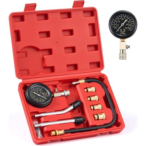 Petrol Compressiometer 8 Pieces, Compression Tester 0-20 Bar  Heavy Duty Brass Fittings, Cylinder Pressure Diagnosis, Adapters M10-M18, For Car, Motorcycle (1/5)