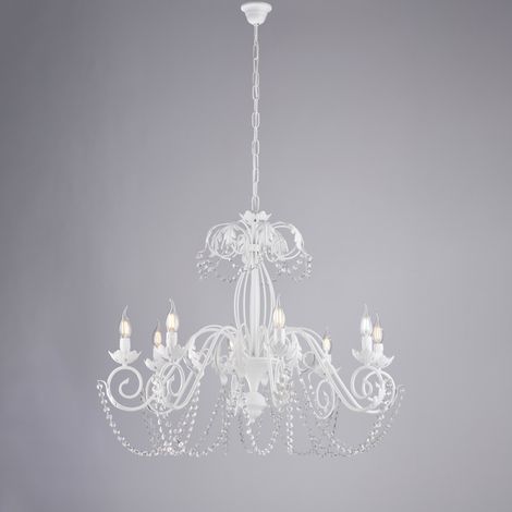 Damasco Lustre En Fer Laqué Blanc Déco Effet Shabby Chic Et Strass Cristal 8 Lumières 130 D.90 Bl77-8-Bco