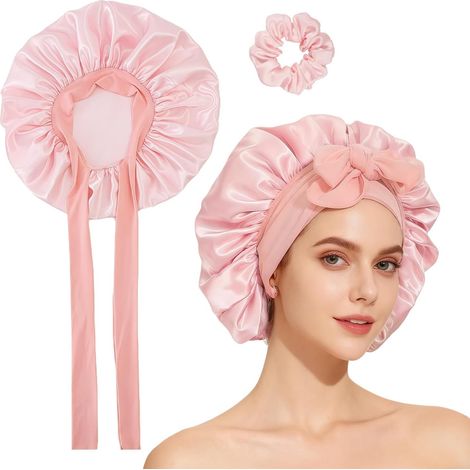 Silk Sleeping Cap, Satin Nightcap with Elastic Band, Hair Protector for Long, Straight or Curly Hair, with Scrunchie, for Women and Girls (Coral Pink) (1/5)