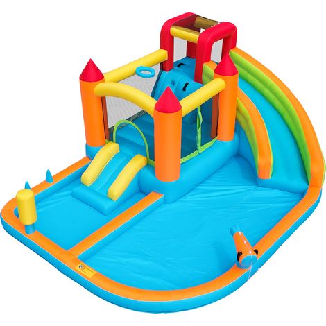 Château gonflable multifonctionnel extérieur avec toboggans, trampoline, panier de basketball et pistolets à eau, tissu Oxford étanche (1/5)