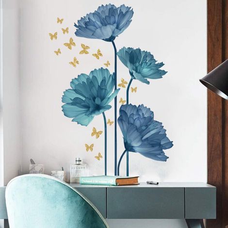 Lntyq Stickers Muraux Autocollants Muraux Stickers Muraux Peler et Coller Muraux Mural Stickers Fleurs de Jardin Aquarelle pour Chambre Enfants Bébé Pépinière Salon (Bleu) (1/4)
