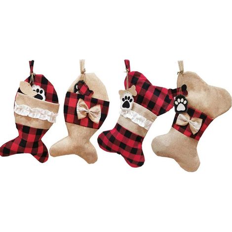 Calcetín Navideño Para Mascotas - Lienzo De Saco - Estampado A Cuadros - Para Gatos Y Perros - 4 Unidades (1/5)