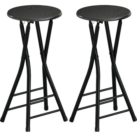 Lot de 2 tabourets de bar pliants, sièges ronds avec double repose-pieds, cadre en acier noir. (1/5)