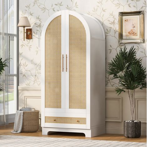 Armario, 70x55x170 cm, blanco, 2 puertas, 2 cajones y puerta efecto ratán (1/5)