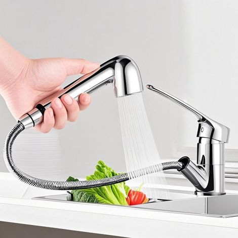 Robinet de cuisine amovible et rotatif à 360°, compatible lave-vaisselle, avec sortie d'eau de type colonne et douchette (2 modes), mitigeur monobloc à piles chromé. (1/5)