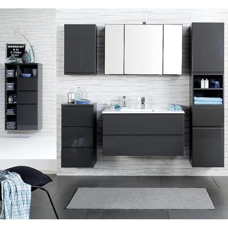 Badmöbel Set COMO-03, 6-teilig inkl. Midischrank, Hochglanz grau, 100cm Waschtisch (1/5)