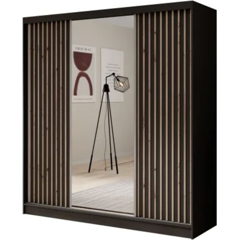 Armoire coulissante ANTIKA 200cm avec miroir et lattes décor bois-Noir/Naturel