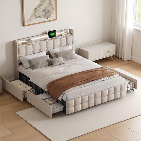 Lit double 140x200cm avec 4 tiroirs,Structure de lit avec avec Ports USB et éclairage LED,Sommier à lattes,Lin,Beige