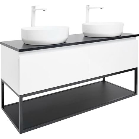 Ensemble meuble avec plan en granit et cadre et 2 vasques et 2 mitigeurs - SAT - B-Way - 119x30x45 - Blanc
