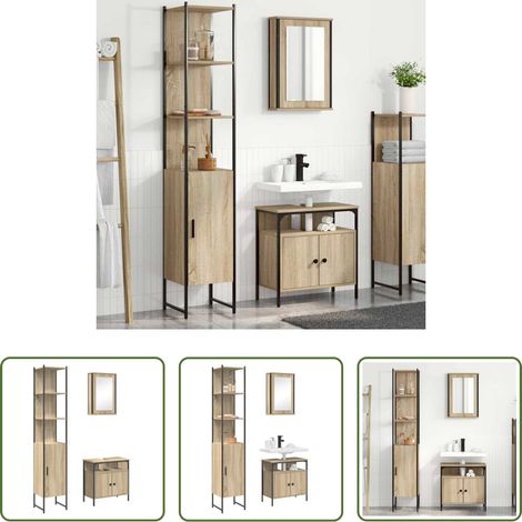 vidaXL Waschbeckenunterschrank - Badezimmermöbel-Set mit Regal 3 pcs Sonoma-Eiche Holzwerkstoff (1/5)