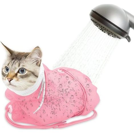 Sac de toilettage respirant pour chat - En maille anti-rayures - Réglable - 49 x 69 cm - Pour coupe des griffes et bain - Rose (1/5)