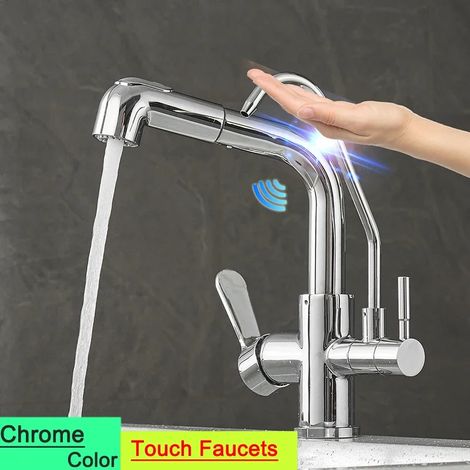 (9145-touch-chrome-G1/2) Nouveau robinet de cuisine tactile avec filtre, mitigeur thermostatique eau chaude/froide à douchette extractible et capteur d'eau pure. (1/5)