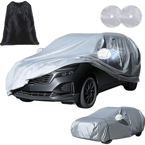 FLASIDU Bâche pour voiture SUV Argenté, 100% étanche, matériau extérieur PEVA + feuille d'aluminium, Conception des trous de ventilation, Sac de rangement inclus, dimensions de la housse 475x145x145cm (1/4)
