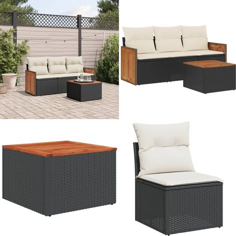 Salon de jardin 4 pcs avec coussins noir résine tressée - Ensemble Salon De Jardin - Meuble De Jardin - Mobilier Extérieur - Salon De Jardin Design - Chaise Longue - Home & Living (1/5)