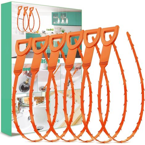 Ensemble de 6 pièces de déboucheurs de canalisations avec poils - Convient pour nettoyer les canalisations des éviers, douches, baignoires et vasques (Orange) (1/5)
