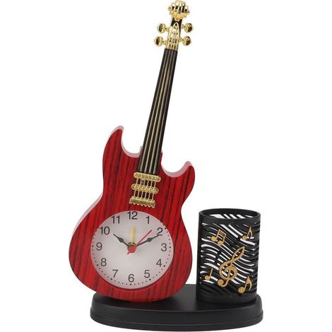 Clock of desk Vintage in shape of guitare, Base Stable, alarm ABS powered by battery with porte-crayons, for room to bed and desk (1/5)