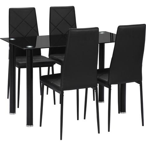 Ensemble de table à manger avec 4 chaises plateau en verre trempé, pieds en acier, pour cuisine salon noir (1/5)
