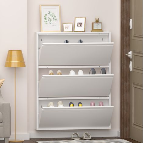 Zapatero de pared con 3 cajones abatibles, gran capacidad, metal blanco (1/5)
