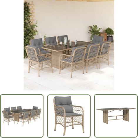 The Living Store 9-tlg. Garten-Essgruppe mit Kissen Beigemischung Poly Rattan - Gartentisch - Gartenstuhl - Gartenmöbelset - Outdoor Möbel - Rattan Gartenmöbel (1/5)