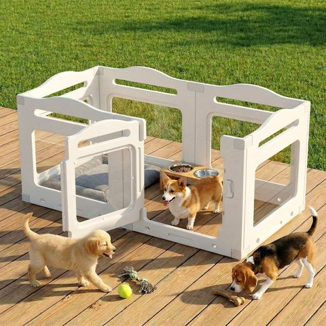 Parc pour Chiot en Acrylique 129 × 68× 60 cm, Enclos pour Chien avec Ventouses, Panneaux Caisse Mise Bas pour Chiots, Blanc (1/5)