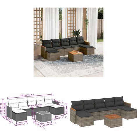 8-tlg. Garten-Sofagarnitur mit Kissen Grau Poly Rattan - Gartenmöbel Set - Gartensorte - Lounge Möbel - Outdoor Sofa - Rattan Gartenmöbel - Home & Living