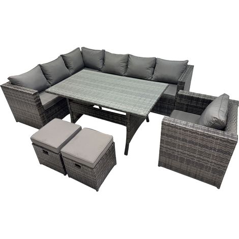 Fimous Outdoor PE Rattan Sofa Set with Dining Table Patio Garden Furniture Sets with Chair 2 Small Stool Dark Grey Mixed (1/5)