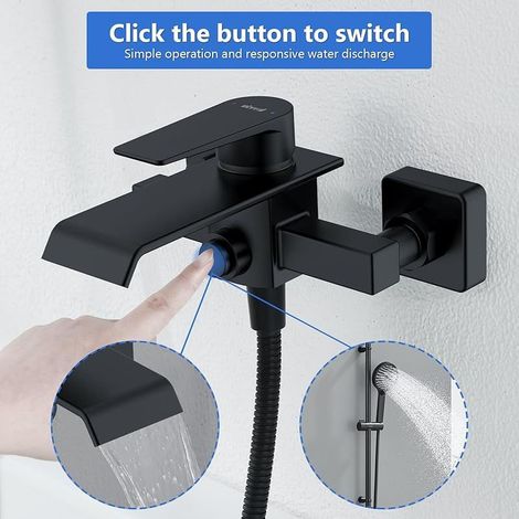 Schwarze Badewannenarmatur, Messing-Wasserfall-Badewannenmischer, Einhebel-Wandarmatur mit 2 Auslässen, Aufputz-Badewannenarmatur, 1/2"-Gewindeanschluss (1/5)
