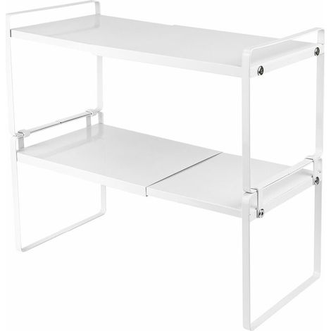 Étagère sous évier de cuisine à 2 niveaux, Organisateur extensible sous l'évier, Étagère de salle de bain multifonctionnelle, étagère d'organisation pour chambre à coucher, blanc (1/5)