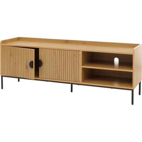 Meuble TV façades à lamelles 2 portes et compartiment ouvert 56x150x40 cm en MDF mélaminé naturel 040009434
