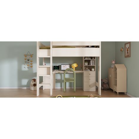 DESVIAE Lit mezzanine enfant avec bureau d angle rangements et charge USB Type C 90 x 200 cm blanc en bois (1/5)