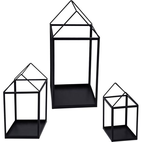 Metall Laterne in Haus Form schwarz 3er Set - 45 / 33 / 23 cm - Deko Windlicht zum Hinstellen - Kerzenhalter Kerzenständer industiral modern