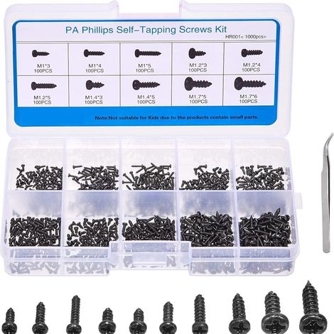Kit de 1000 Vis Autotaraudeuses Noires à Tête Cruciforme M1-M1.7 pour Électronique et Modélisme (1/4)