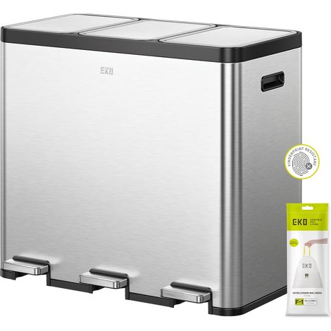 Poubelle de recyclage 20 L + 20 L + 20 L en acier inoxydable à 3 compartiments avec pédales individuelles pour le tri des déchets de cuisine, seaux intérieurs et poignées en plastique, (1/5)