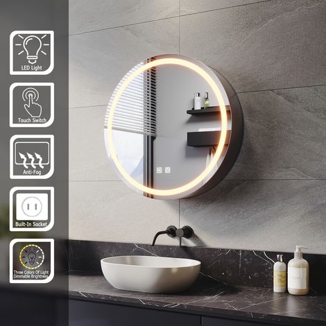 ELEGANT Round Bathroom LED Mirror Cabinet with Shaver Socket Demister 3 Lighting Modes 600x600mm Bathrrom Wall Cabinet