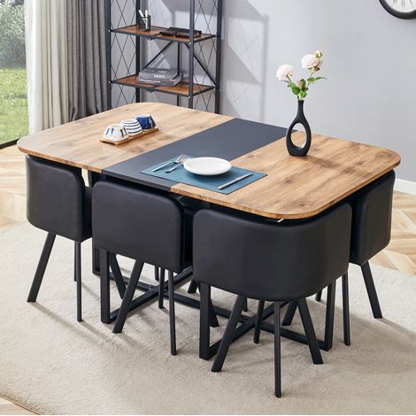 Set tavolo da pranzo estensibile con sedie riponibili, struttura in metallo, MDF effetto legno, nero e naturale (1/5)