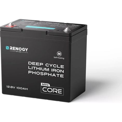 Renogy 12V 100Ah LiFePO4 Mini Size Lithium Battery, Up to 5000+ Deep Cycles, 100A Upgraded BMS, 300A Peak Discharge W/Low Temp Protection, Compact Size for RV, Marine, Solar, Trolling Motor Backpower (1/5)