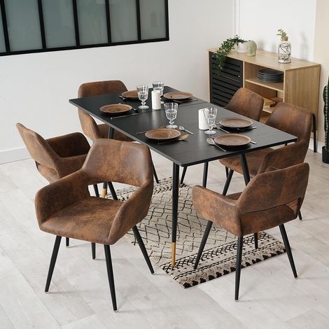 Meuble Cosy Ensemble Table à Manger Extensible avec 6 Chaises en Suédine, Style Industriel, Design Élégant et Confortable, Noir + Or + Marron (1/5)