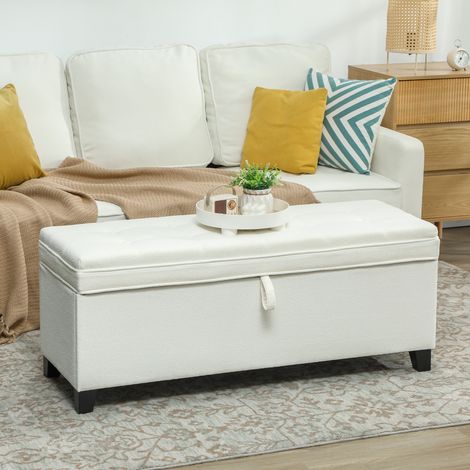 Banc de rangement 112 banquette bout de lit en tissu de lin, siège capitonné, crème, 120 x 40 x 48 centimètres