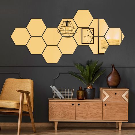 12 stickers miroirs hexagones or - 20x17cm - Autocollants stickers adhésifs effet miroir (1/5)