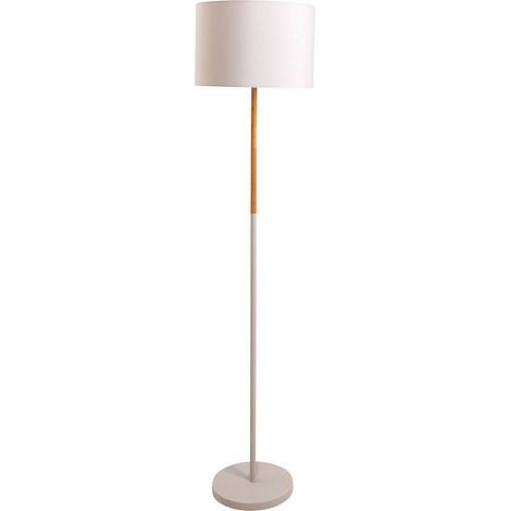 Lampadaire Design en Métal, Bois d'Hévéa et Tissu Blanc, Luminaire Salon E27, Hauteur 126 cm - PANGIVO (1/5)