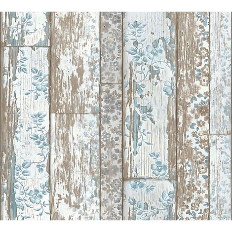 Wood wallpaper wall Profhome 361191 non-woven wallpaper smooth with floral ornaments matt blue brown 5.33 m2 (57 ft2) (1/5)