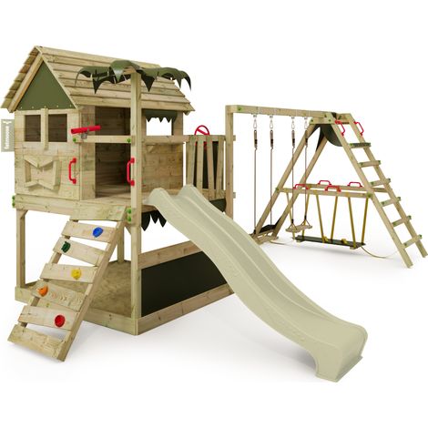 Estructura de escalada de madera Fatmoose TikaTaka Town con Surf y Tobogan en verde salvia