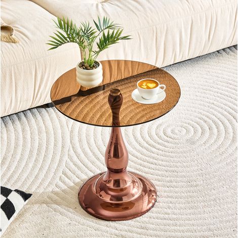 Mesa auxiliar redonda (50x50x51.5 cm), de cristal templado, base estable, color marrón y metal (1/5)
