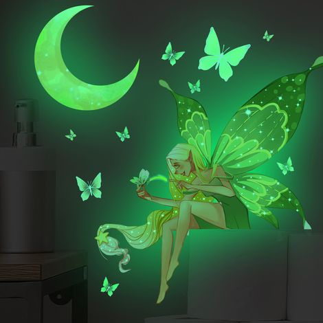 Sticker mural fée papillon phosphorescent, lune lumineuse, papillons, stickers muraux princesse fée fleur dessin animé