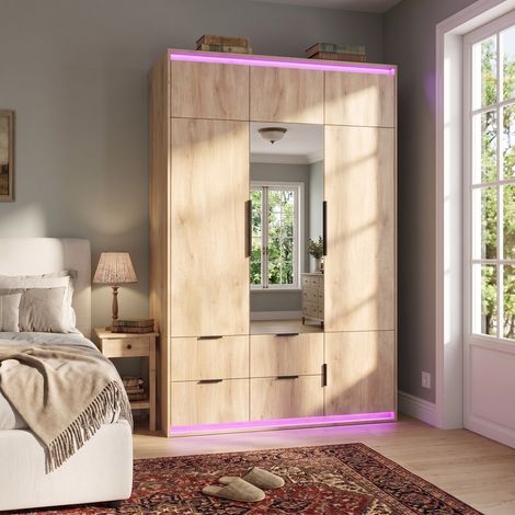 Armoire de Chambre 3 Portes avec Miroir et LED Connectée - 135x47x200cm - Dressing Moderne en Chêne avec Penderie, 4 Tiroirs et 8 Compartiments (1/5)