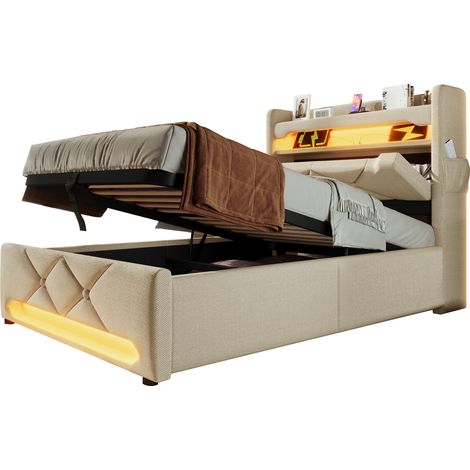 Letto Contenitore Singolo 90x200 cm in Lino, con LED, USB e Type-C, senza Materasso, Beige (1/5)